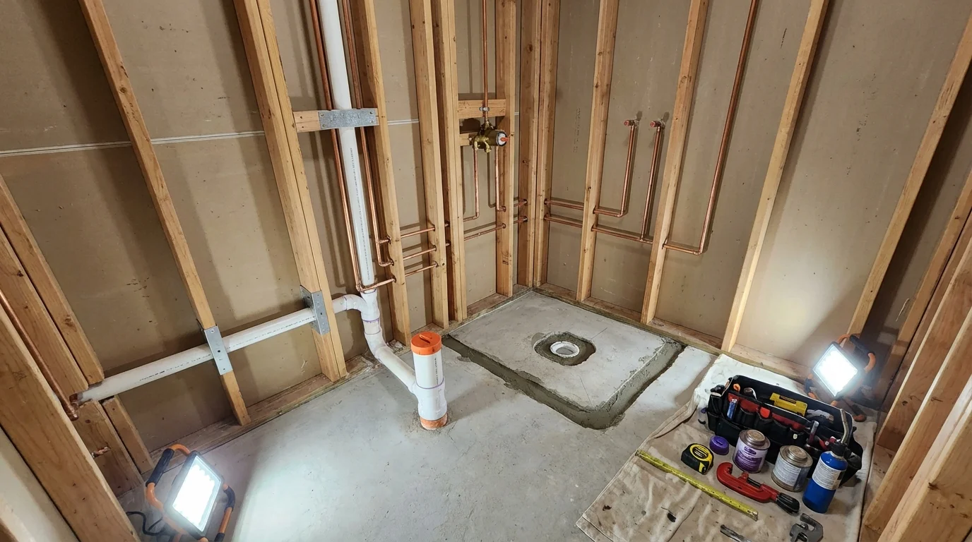 Bathroom rough-in plumbing during remodel by Johns Plumbing LLC in New Berlin