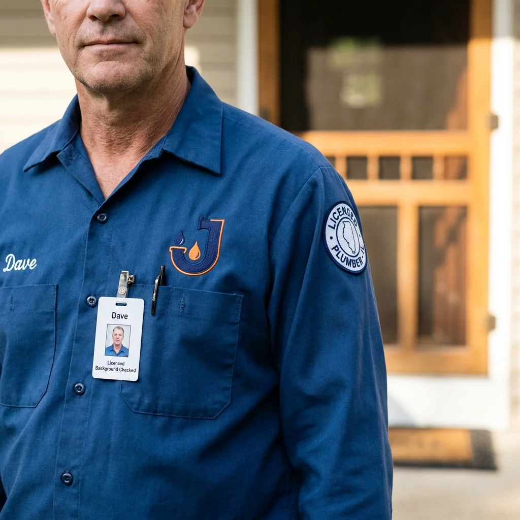 Licensed plumber showing ID badge in New Berlin, WI