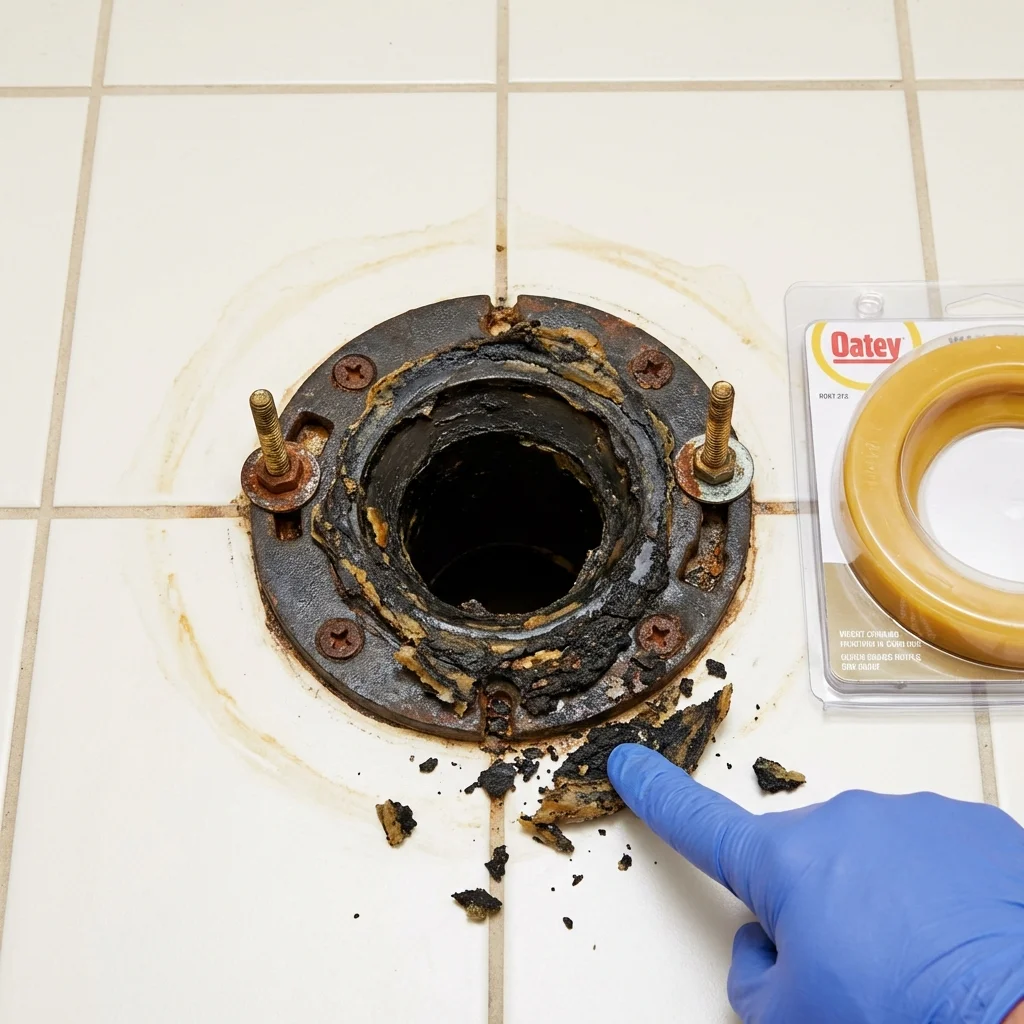 Failed wax ring showing water seepage at the base of a toilet in a New Berlin, WI home
