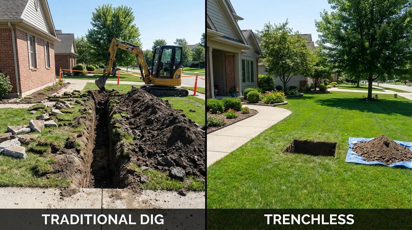 Trenchless sewer repair with minimal yard damage versus traditional excavation in New Berlin, WI