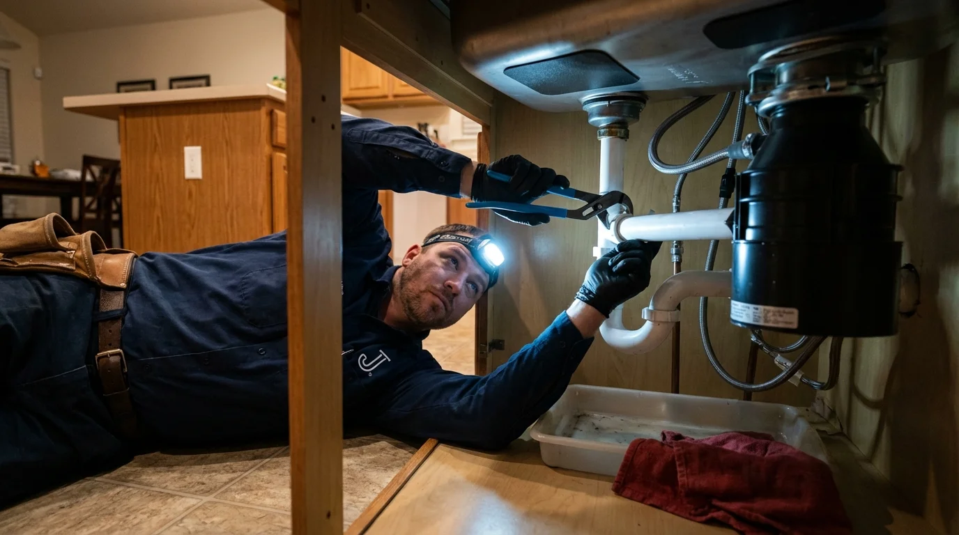 P-trap and supply line connections under a kitchen sink showing a common leak point in New Berlin, WI